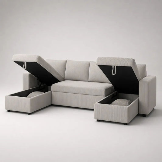 Divano a U 4 posti in velluto a coste beige chiaro con doppia penisola contenitore, 270 x 150 x 85 cm