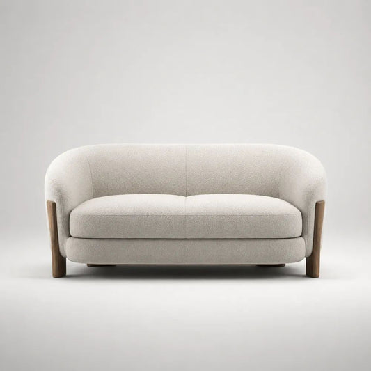 Divano 2 posti in bouclé di poliestere con gambe in legno massello, forma arrotondata, avorio, 160 x 85 x 75 cm