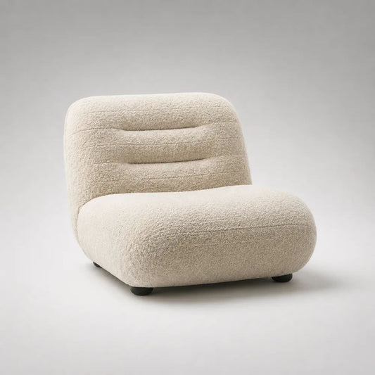 Poltrona da relax imbottita in tessuto bouclé avorio con forma arrotondata, 90 × 90 × 80 cm