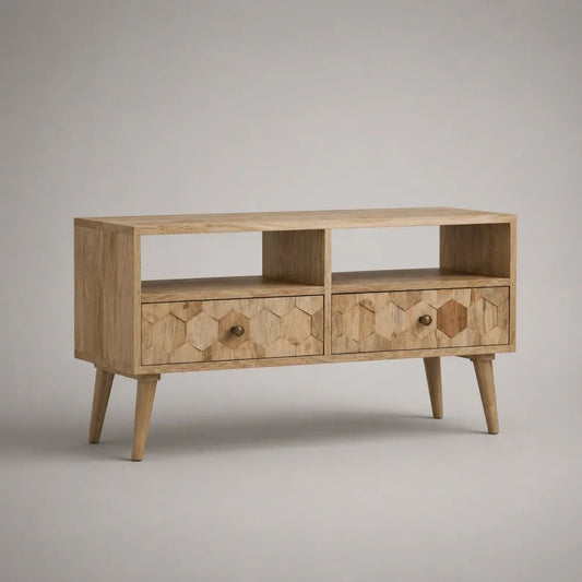 Mobile porta TV rettangolare in legno massello di mango con 2 cassetti e 2 vani aperti, marrone naturale, 100 × 35 × 70 cm