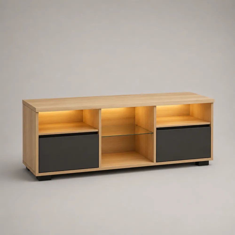 Mobile TV rettangolare con illuminazione LED, pannello truciolare melaminico e vetro temperato, rovere naturale e nero, 140 x 40 x 60 cm