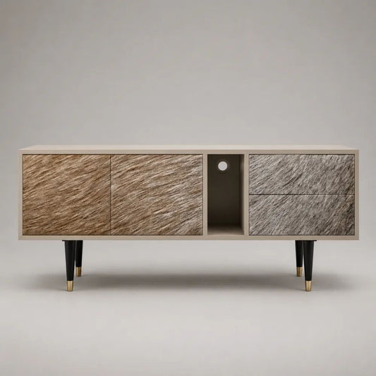 Mobile porta TV rettangolare in MDF e poliestere beige, tortora e grigio con 2 ante, 2 cassetti e vano aperto, 150 x 40 x 65 cm