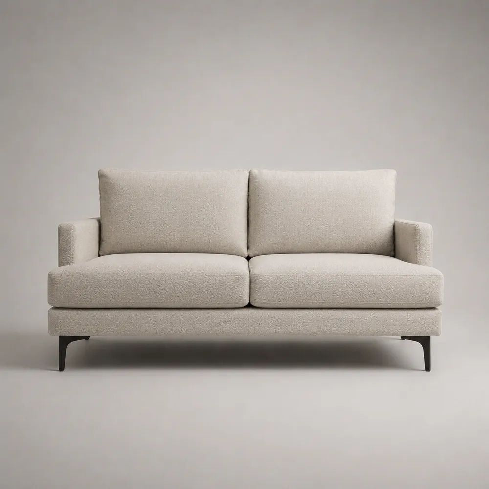 Divano 2 posti in tessuto beige e nero con cuscini removibili e gambe in acciaio, 172 x 86 x 85 cm