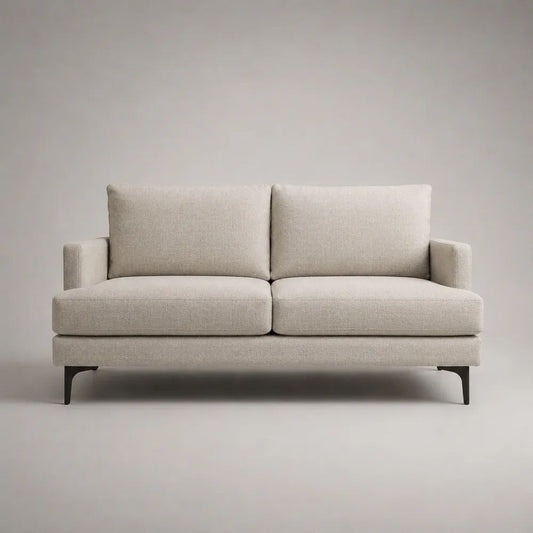 Divano 2 posti in tessuto beige e nero con cuscini removibili e gambe in acciaio, 172 x 86 x 85 cm